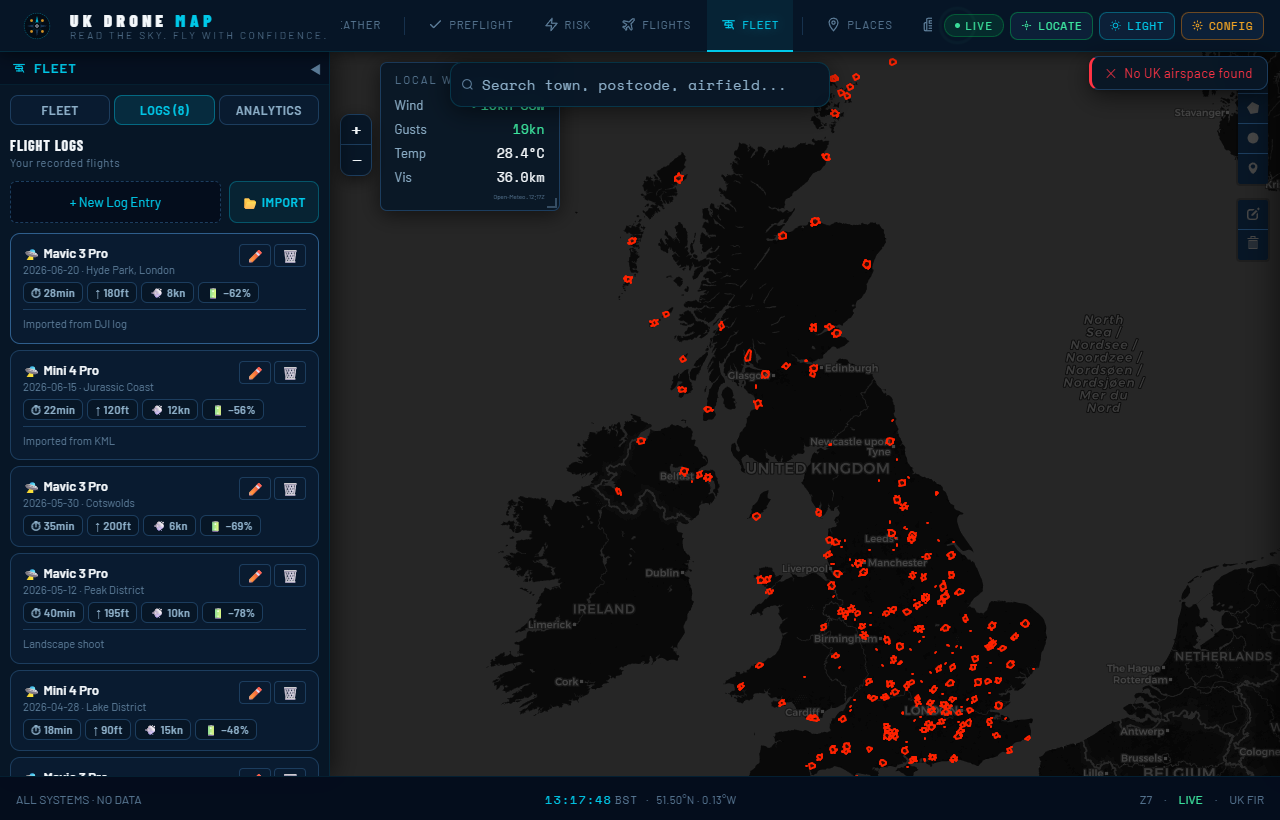 UK Drone Map flight logs panel showing the Import button and existing log entries